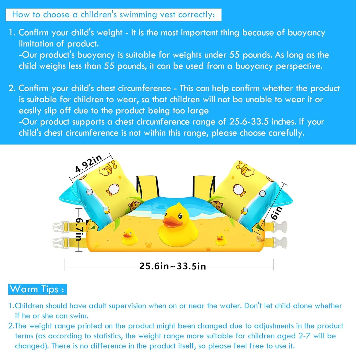 Chriffer Kids Duck Swim Vest Life Jacket for 30-55 Pounds Boys and Girls, Toddler Floaties with Shoulder Harness Arm Wings for 2-7 Years Old