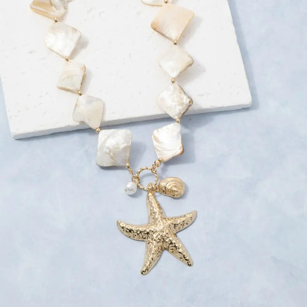 Gold Starfish & Pearl Drop Square Stone Necklace - A.S.