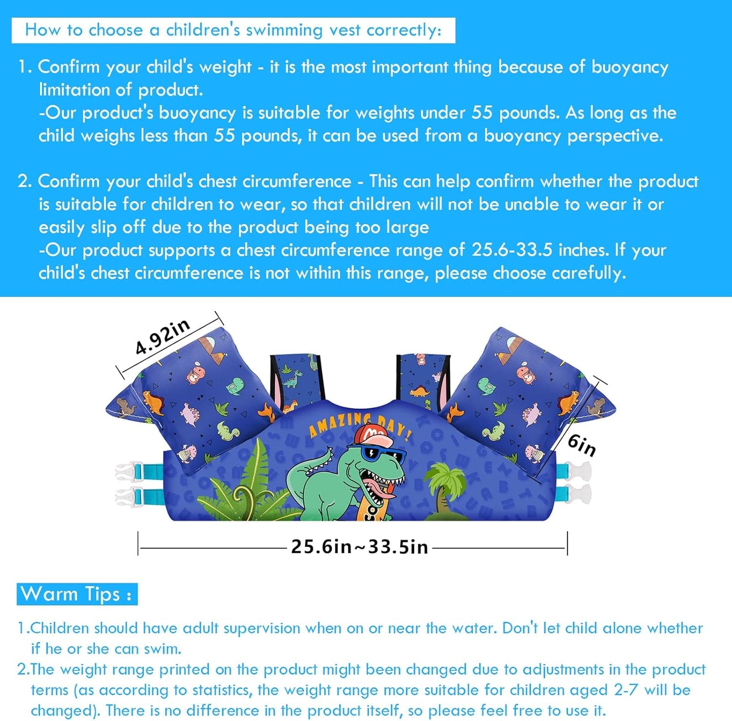 Chriffer Kids Dinosaur Swim Vest Life Jacket for 30-55 Pounds Boys and Girls, Toddler Floaties with Shoulder Harness Arm Wings for 2-7 Years Old