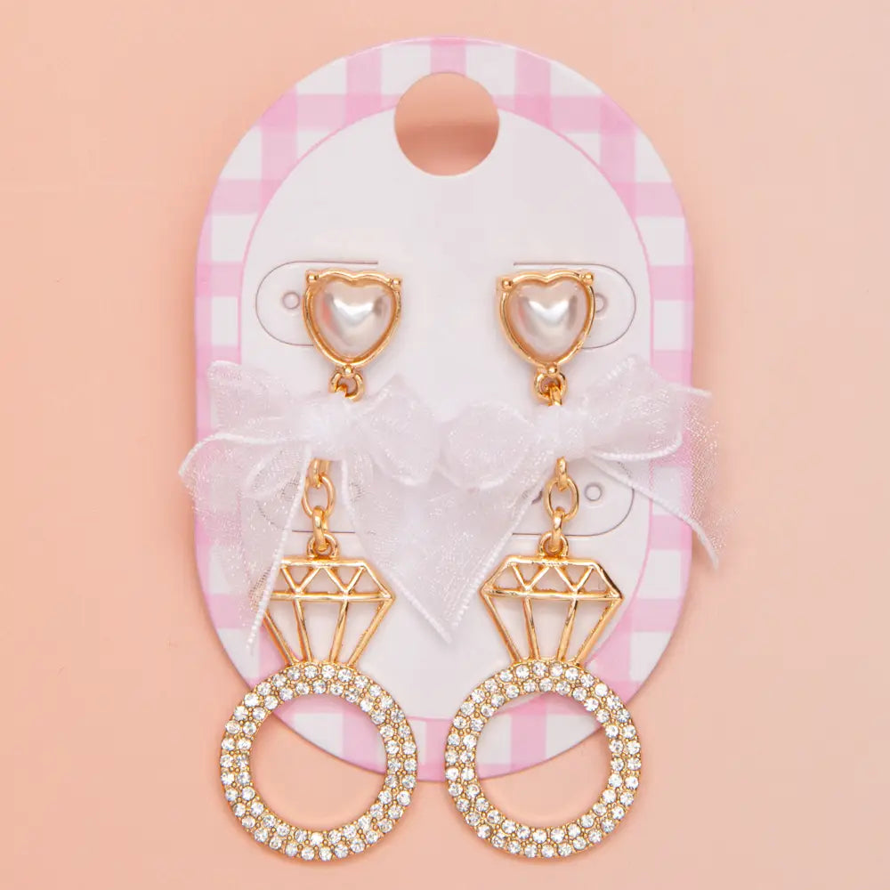 Pearl Heart Bow Wedding Ring Earrings / Bridal