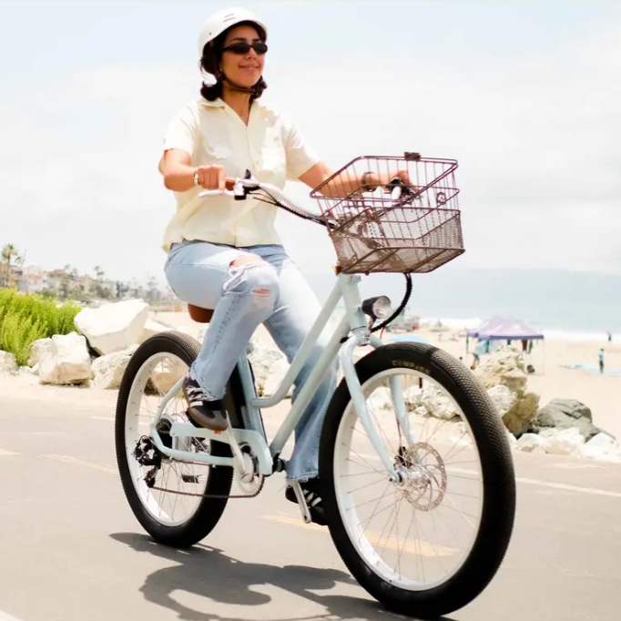 woman riding e-bike in charleston, sc