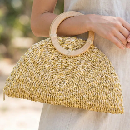 Metallic Straw Woven Half Moon Round Handle Bag - A.S.