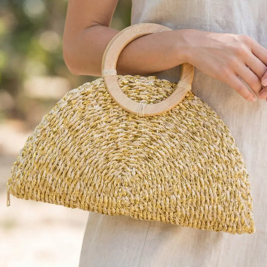 Metallic Straw Woven Half Moon Round Handle Bag - A.S.