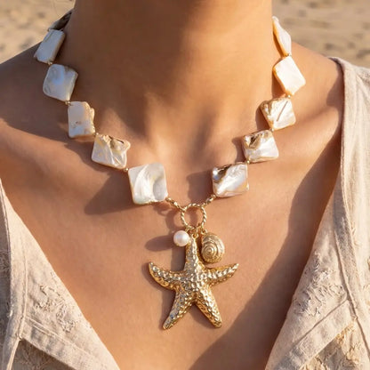 Gold Starfish & Pearl Drop Square Stone Necklace - A.S.
