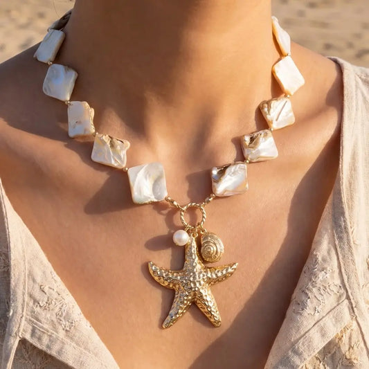 Gold Starfish & Pearl Drop Square Stone Necklace - A.S.
