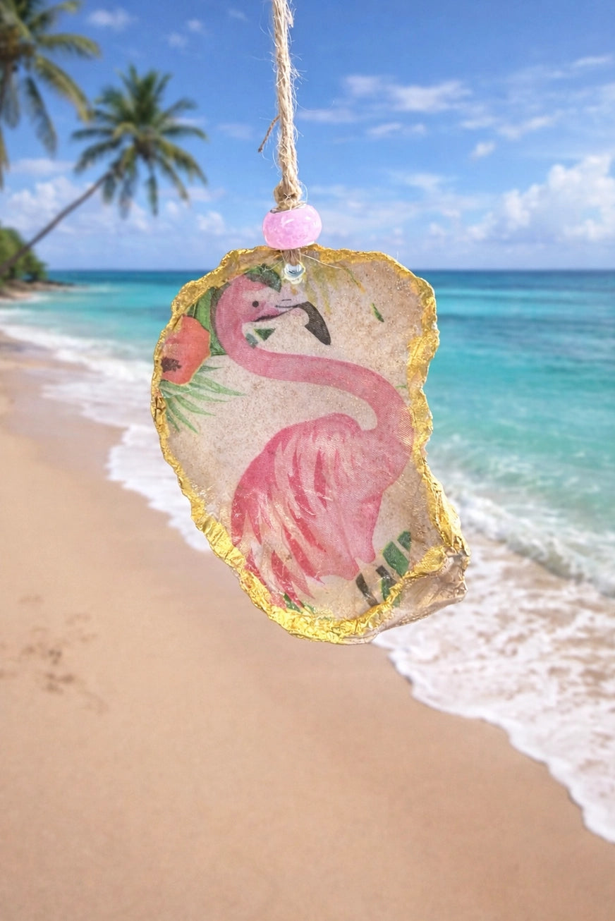 Flamingo Oyster Shell Ornament – Coastal Boho Beach Decor