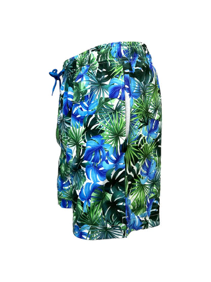 Men's Swim Shorts With Mesh Fabric Lining Blue/Green Jungle Leaves