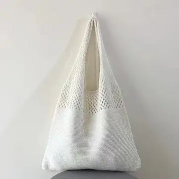 Knit 2 Handle Beach Style Shoulder Tote Bag White