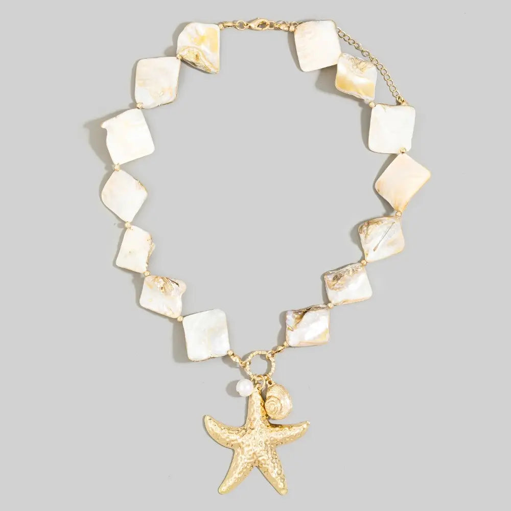 Gold Starfish & Pearl Drop Square Stone Necklace - A.S.
