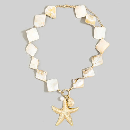Gold Starfish & Pearl Drop Square Stone Necklace - A.S.