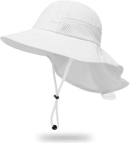 White Toddler Baby Adjustable Sun Hat with Bucket Wide Brim for Boys & Girls
