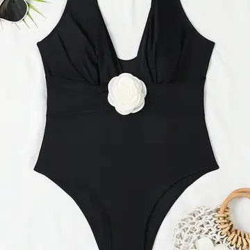 ONE-PIECE Black Retro Style V-Neck Swimsuit