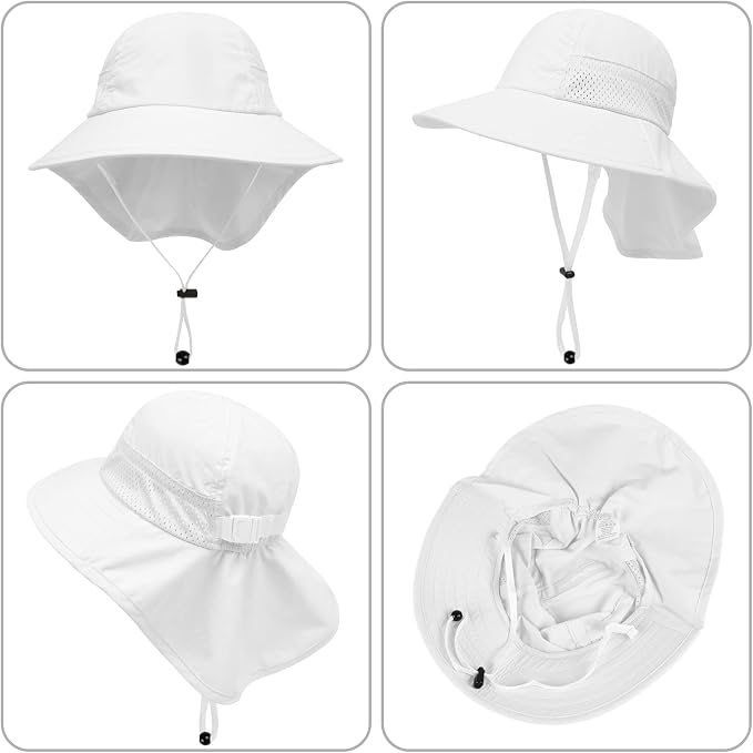 White Toddler Baby Adjustable Sun Hat with Bucket Wide Brim for Boys & Girls
