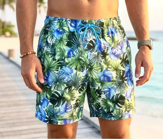 Men's Swim Shorts Trunks With Mesh Fabric Lining Blue/Green Jungle Leaves