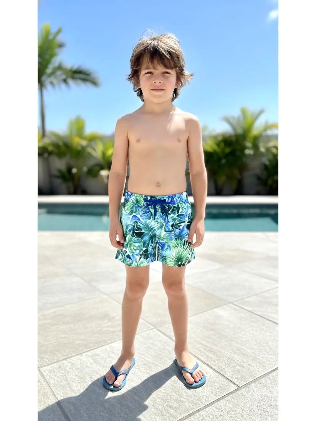 Boy's Swim Shorts Mesh Fabric Lining Blue/Green Jungle Leaves