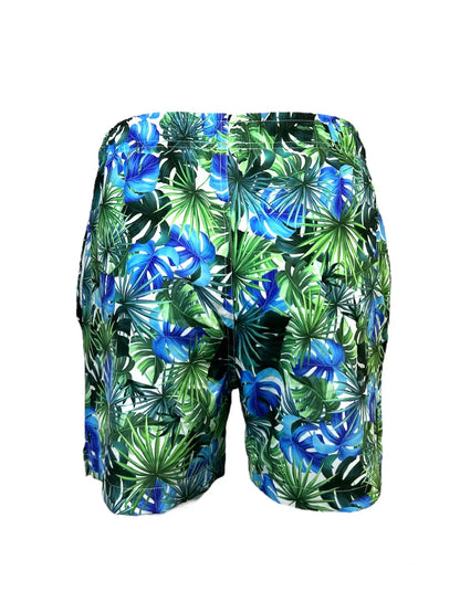 Men's Swim Shorts With Mesh Fabric Lining Blue/Green Jungle Leaves