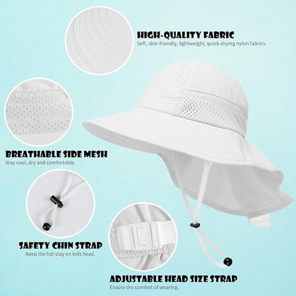 White Toddler Baby Adjustable Sun Hat with Bucket Wide Brim for Boys & Girls