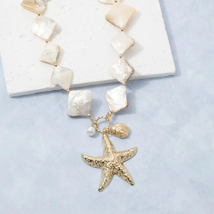 Gold Starfish & Pearl Drop Square Stone Necklace - A.S.