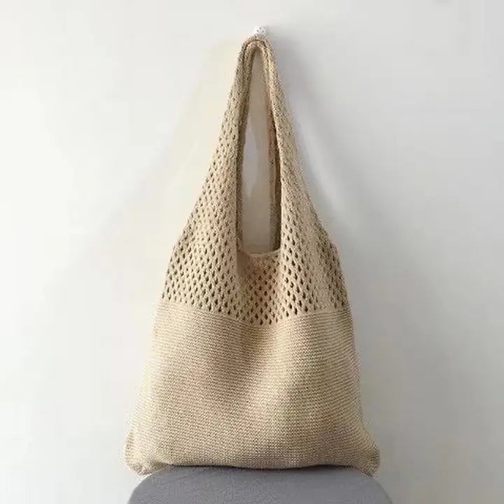 Knit 2 Handle Beach Style Shoulder Tote Bag Khaki