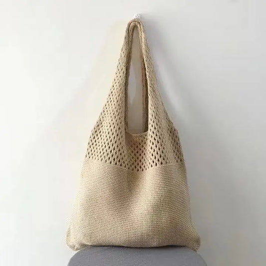 Knit 2 Handle Beach Style Shoulder Tote Bag Khaki