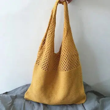 Knit 2 Handle Beach Style Shoulder Tote Bag Mustard