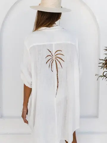 Relaxed White Button-Up Casual Cover-Up with Palm Tree Cut Out on Back - One Size Fits All
