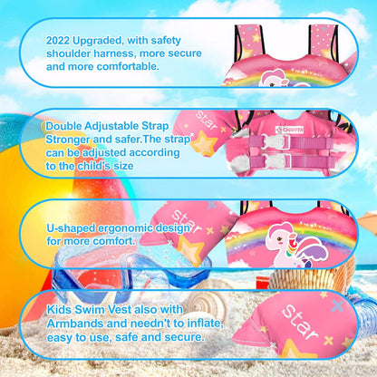 Chriffer Kids Unicorn Swim Vest Life Jacket for 30-55 Pounds Boys and Girls, Toddler Floaties with Shoulder Harness Arm Wings for 2-7 Years Old