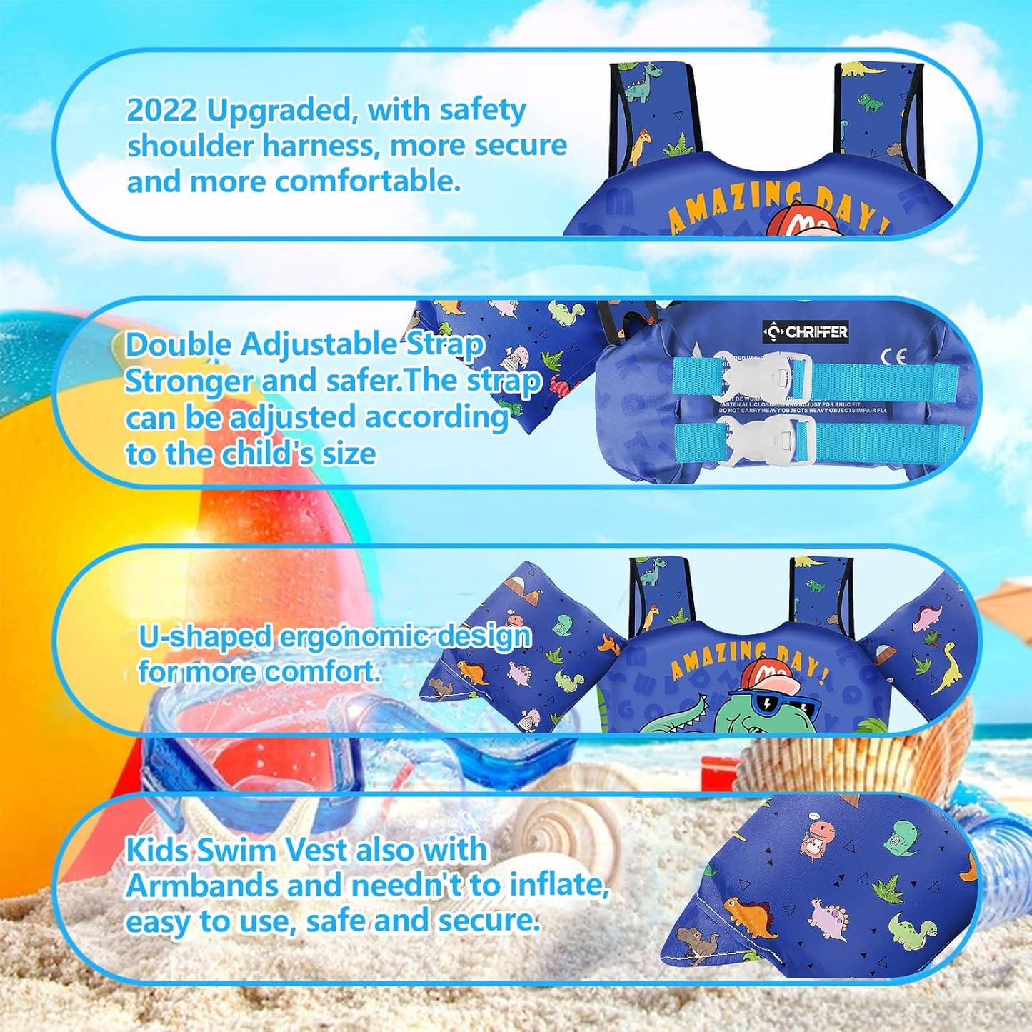 Chriffer Kids Dinosaur Swim Vest Life Jacket for 30-55 Pounds Boys and Girls, Toddler Floaties with Shoulder Harness Arm Wings for 2-7 Years Old