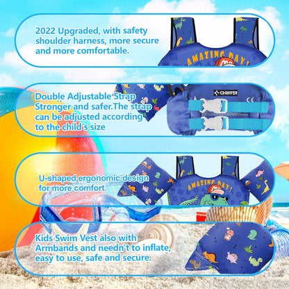 Chriffer Kids Dinosaur Swim Vest Life Jacket for 30-55 Pounds Boys and Girls, Toddler Floaties with Shoulder Harness Arm Wings for 2-7 Years Old