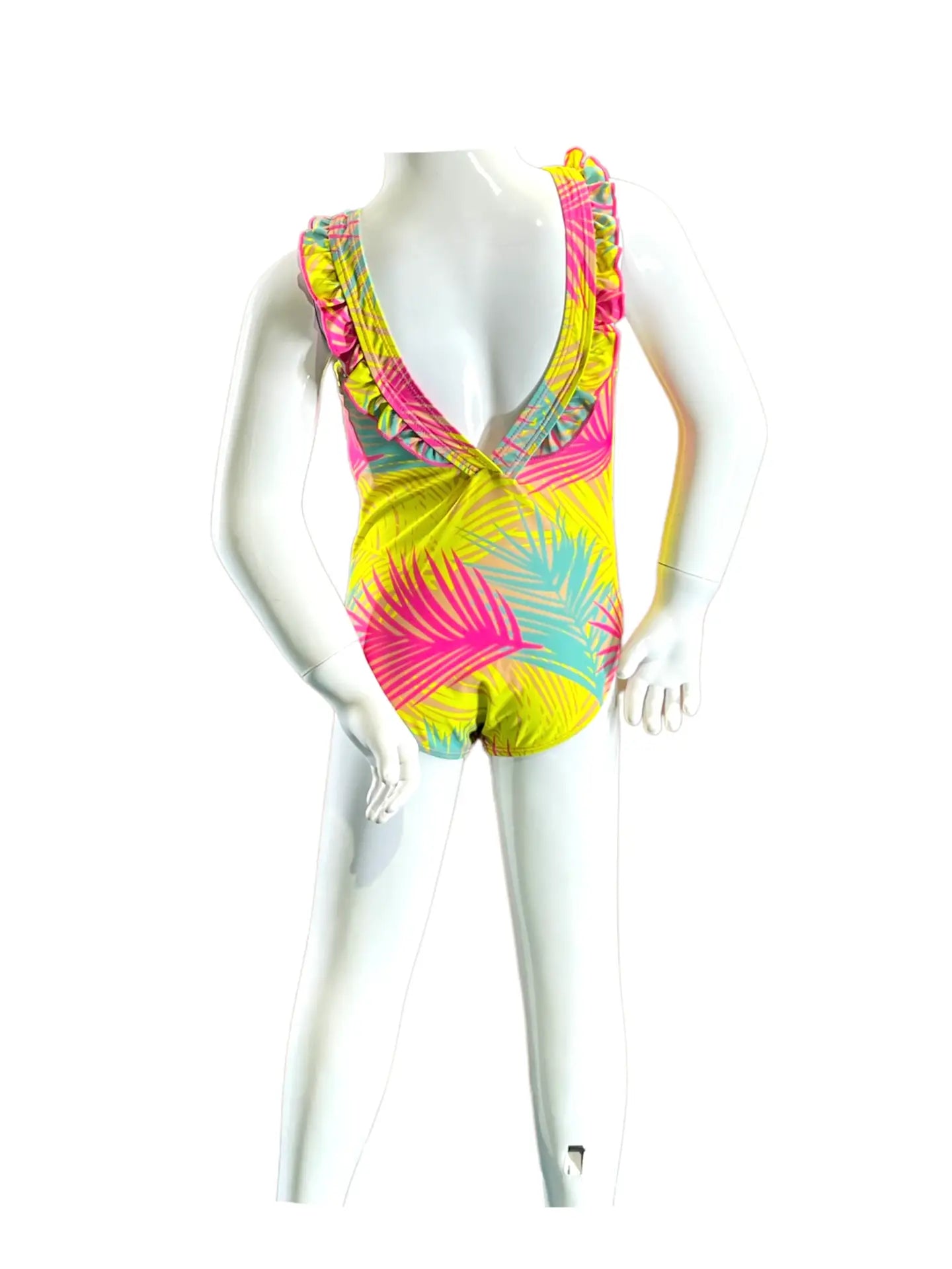 Girls 1pc Bathing Suit with Ruffles Around Shoulders Pink/Yellow/Teal with Multi Palms