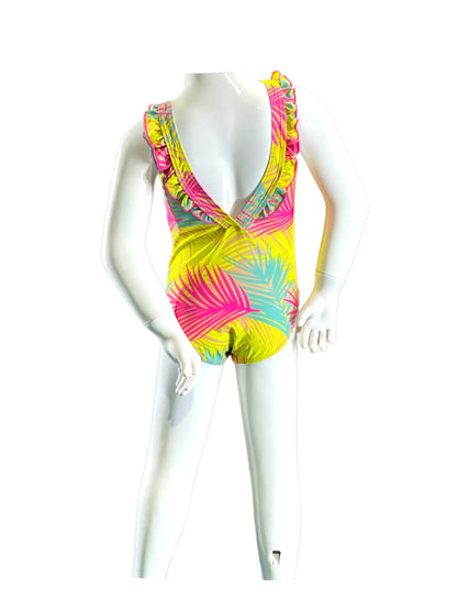 Girls 1pc Bathing Suit with Ruffles Around Shoulders Pink/Yellow/Teal with Multi Palms
