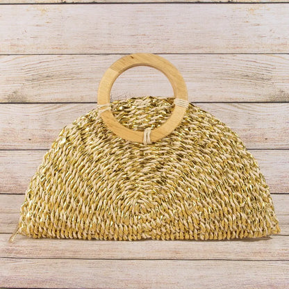 Metallic Straw Woven Half Moon Round Handle Bag - A.S.