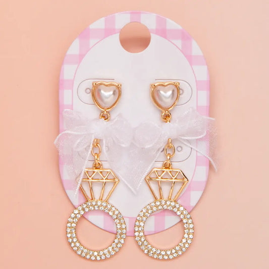 Pearl Heart Bow Wedding Ring Earrings / Bridal
