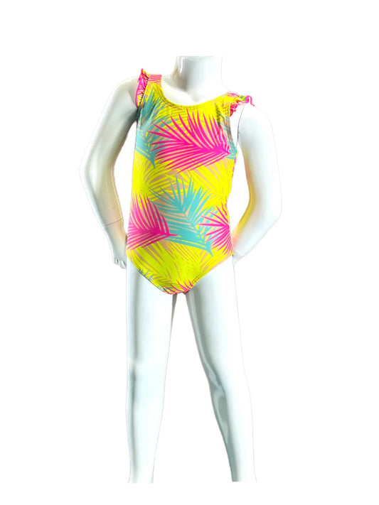 Girls 1pc Bathing Suit with Ruffles Around Shoulders Pink/Yellow/Teal with Multi Palms