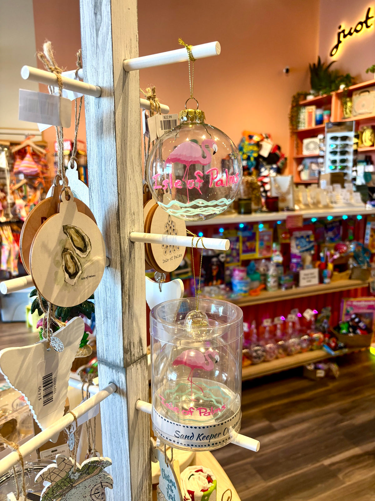 Isle of Palms Coastal Christmas Pink Flamingo Sand Keeper Glass Ornament in Gift Box