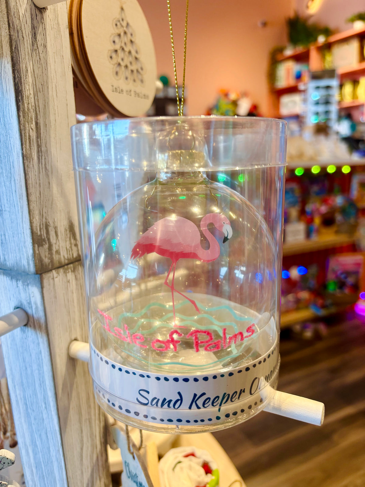 Isle of Palms Coastal Christmas Pink Flamingo Sand Keeper Glass Ornament in Gift Box
