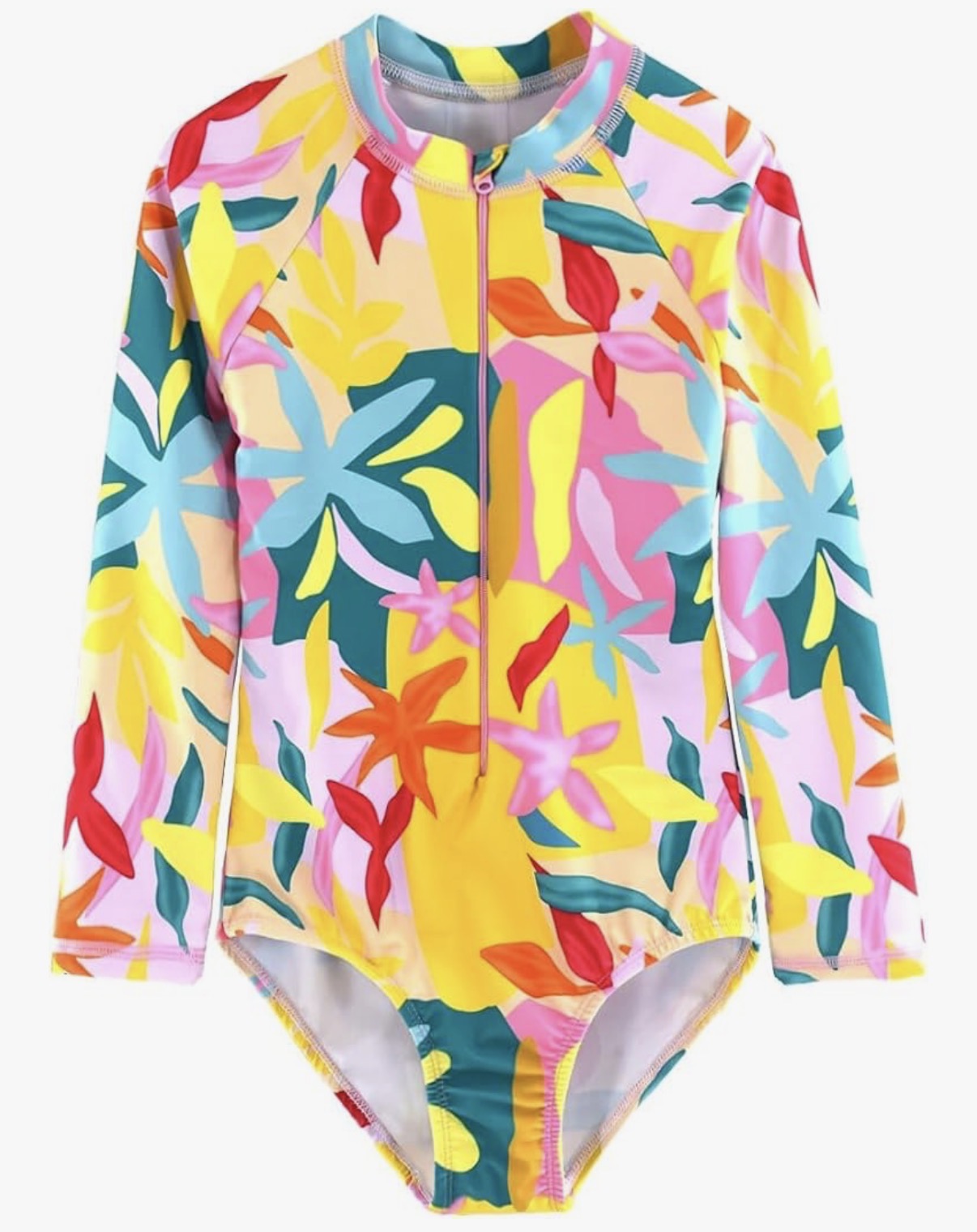 Multi Floral Colored Long Sleeved Rash Guard One Piece Bathing Suit Yellow/Pink/Blue/Green