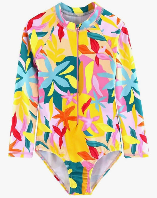 Multi Floral Colored Long Sleeved Rash Guard One Piece Bathing Suit Yellow/Pink/Blue/Green