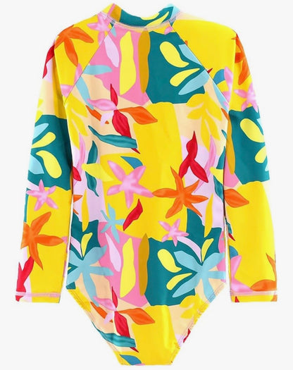 Multi Floral Colored Long Sleeved Rash Guard One Piece Bathing Suit Yellow/Pink/Blue/Green