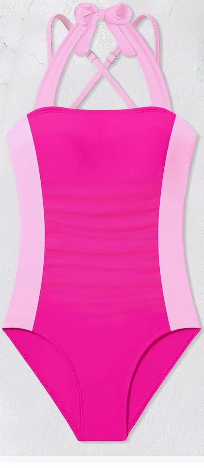 Girls One Piece Swimsuit-bathing suit In Light Pink/Dark Pink With Halter & Adjustable Straps