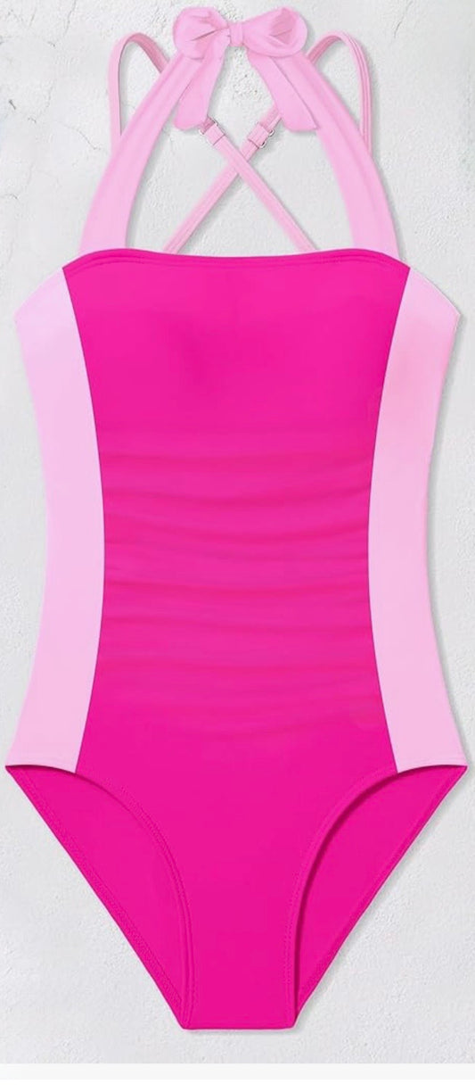 Girls One Piece Swimsuit-bathing suit In Light Pink/Dark Pink With Halter & Adjustable Straps