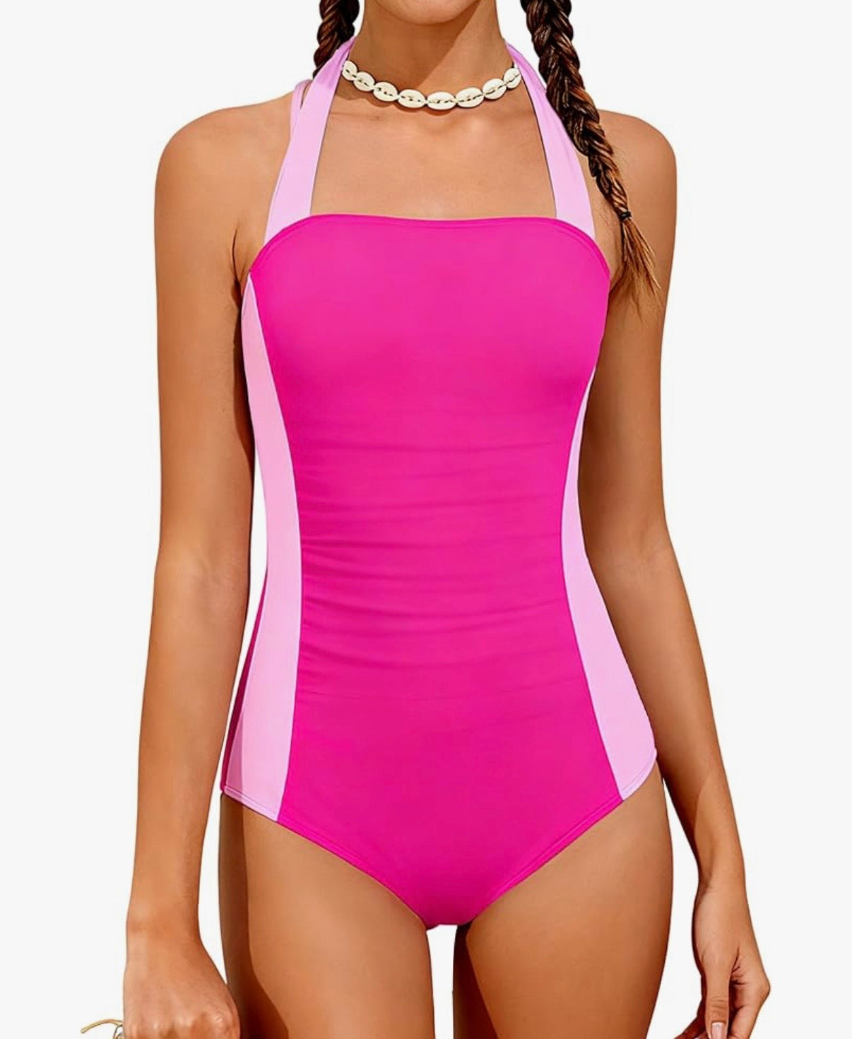 Girls One Piece Swimsuit-bathing suit In Light Pink/Dark Pink With Halter & Adjustable Straps