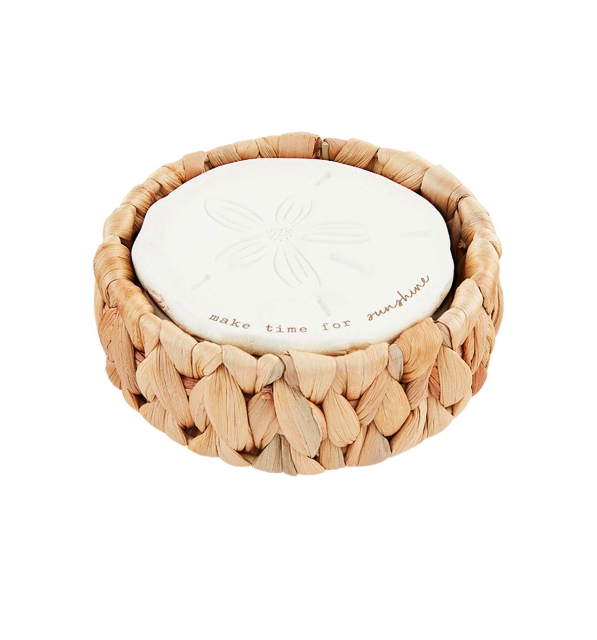 Sand Dollar Coasters in a Woven Basket