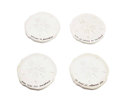 Sand Dollar Coasters in a Woven Basket