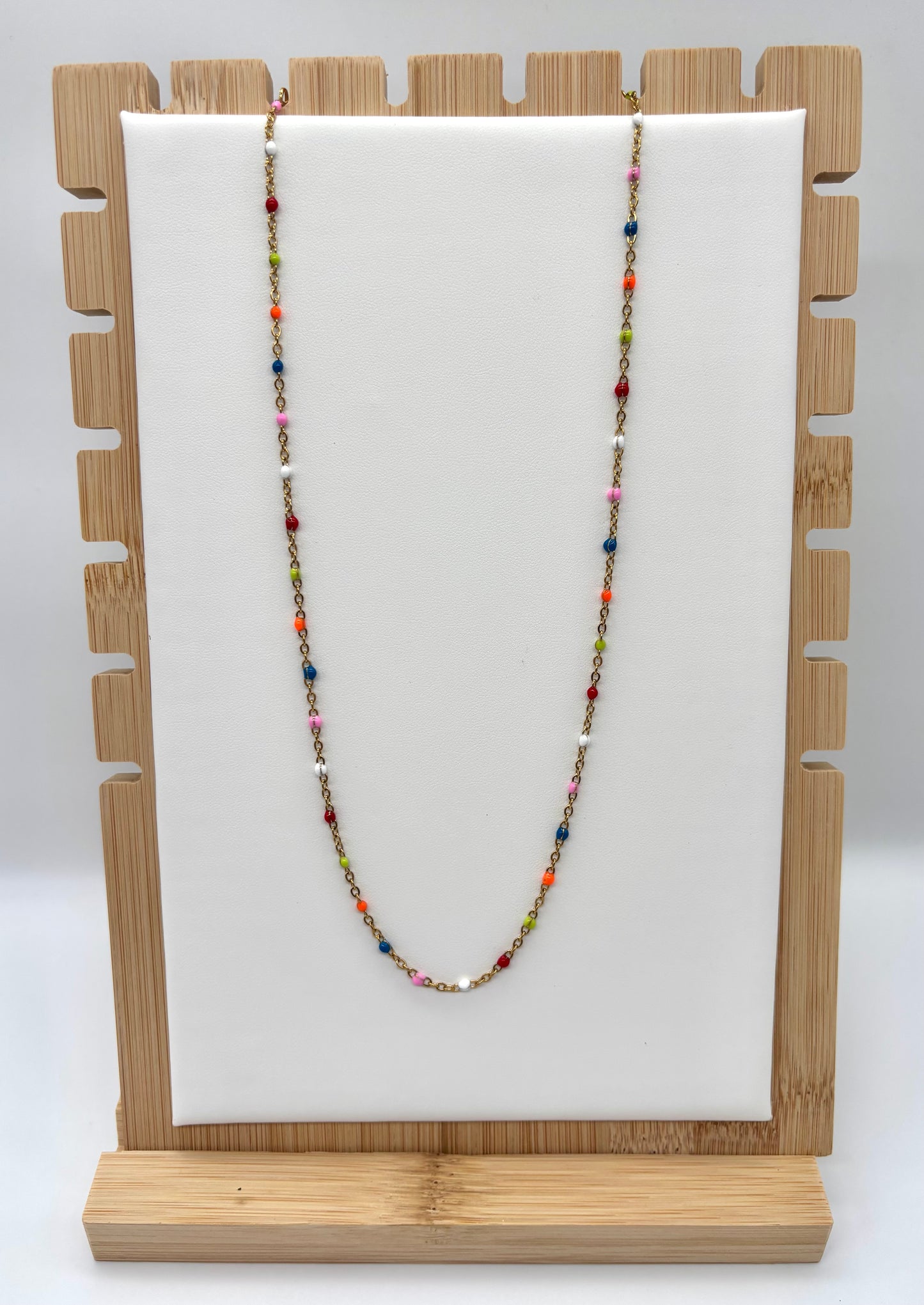 Multi Colored Beads on a Gold Chain Necklace