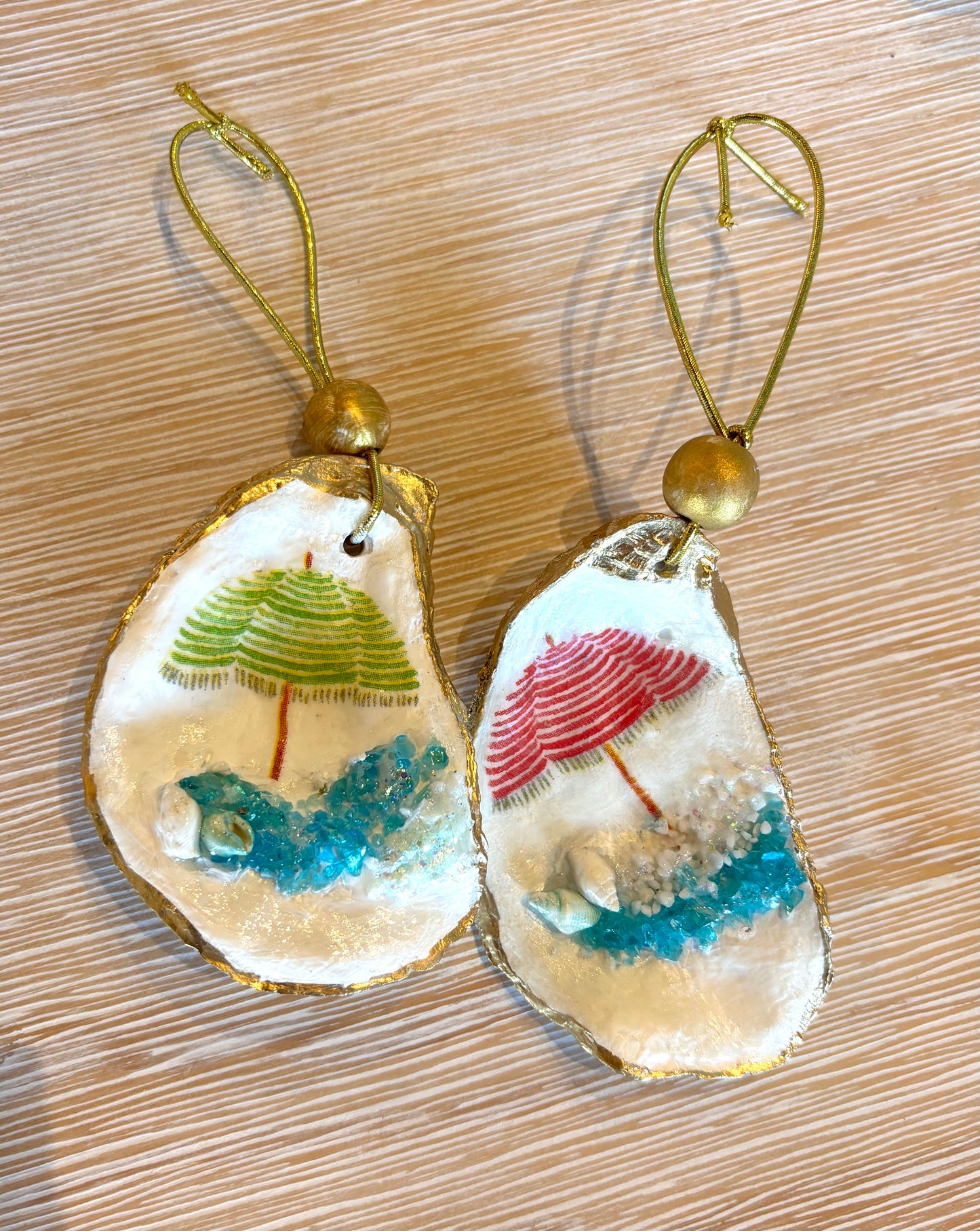 Sylvia Shells - Oyster Hand/ Local Made Ornament with Umbrella/Water Embellishment