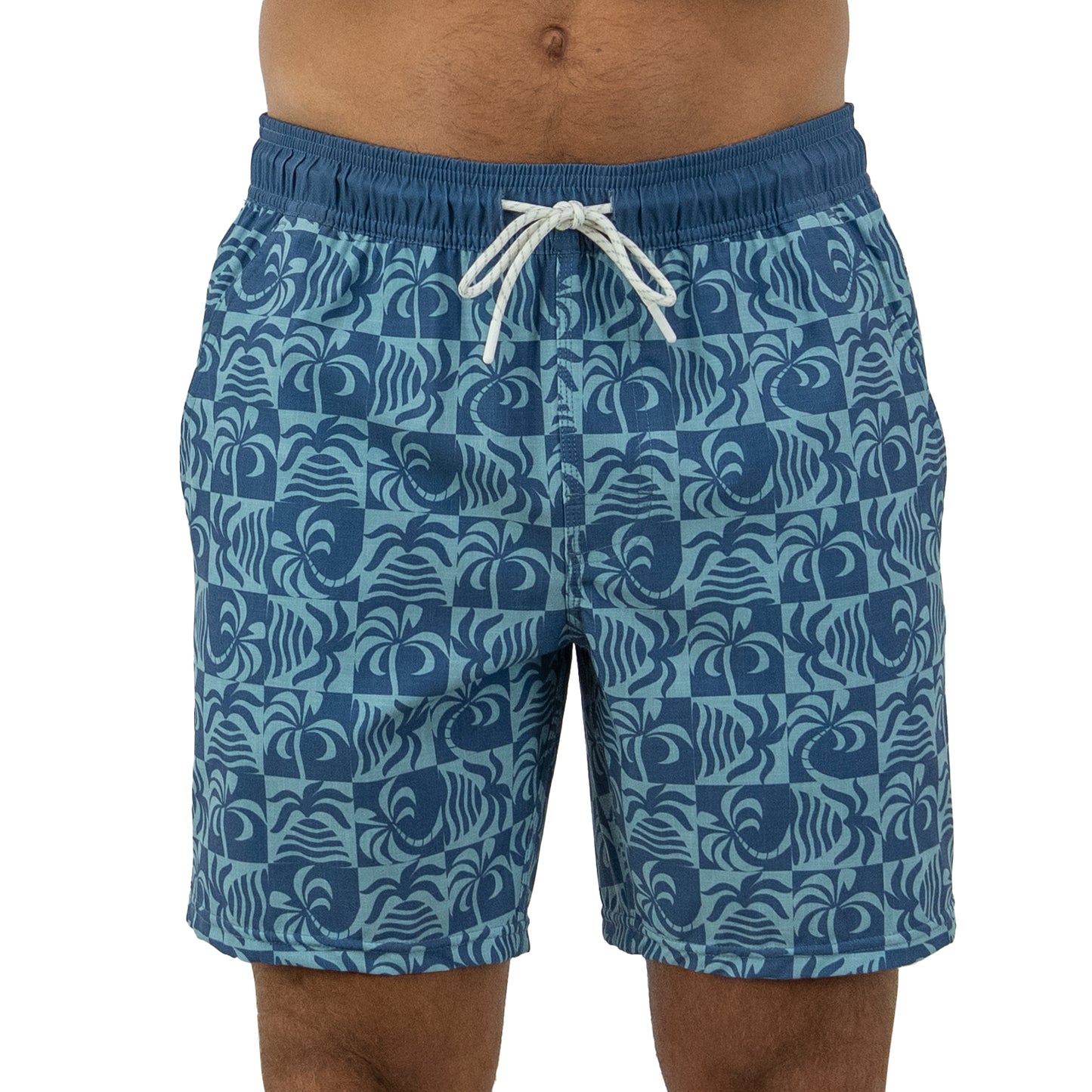 Island Daze Mens Board Shorts in Blue Teal Palm Tree - Stretch