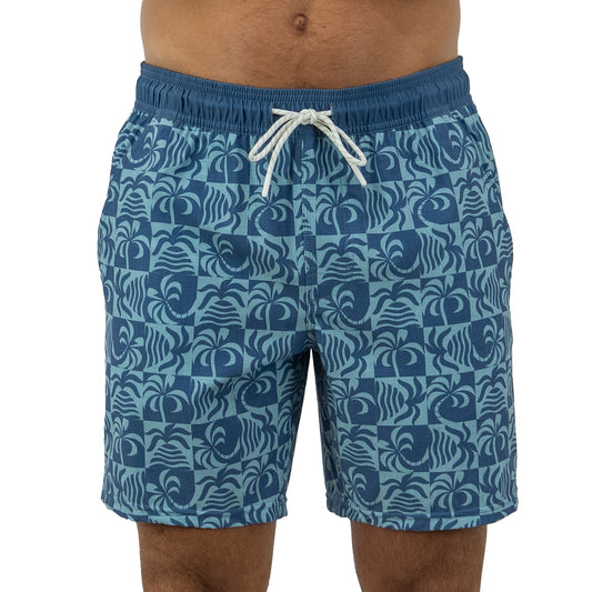 Island Daze Mens Board Shorts in Blue Teal Palm Tree - Stretch