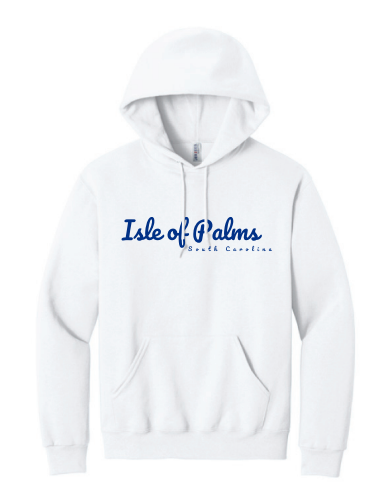 Adult Unisex - Isle of Palms, South Carolina Hoody in White with Blue Cursive Logo