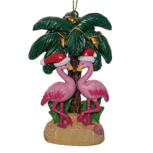 Tropical Charm Christmas Palm with 2 Flamingos Ornament